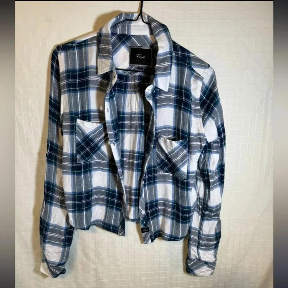 Rails XS X Small Blue white Plaid Long Sleeve Button Up flannel Shirt